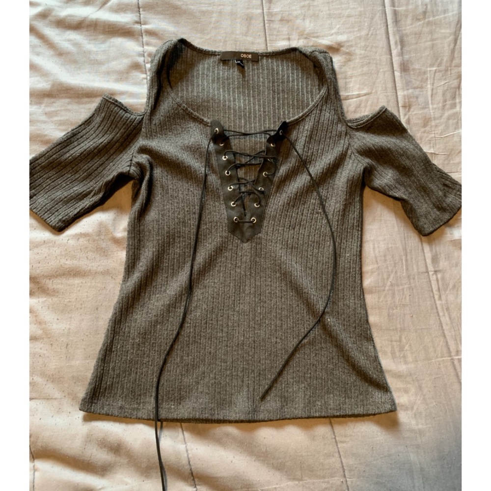 Grey cold shoulder lace front top